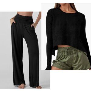 black lot of 2 lounge wear pieces: palazzo pants L & longsleeve top M